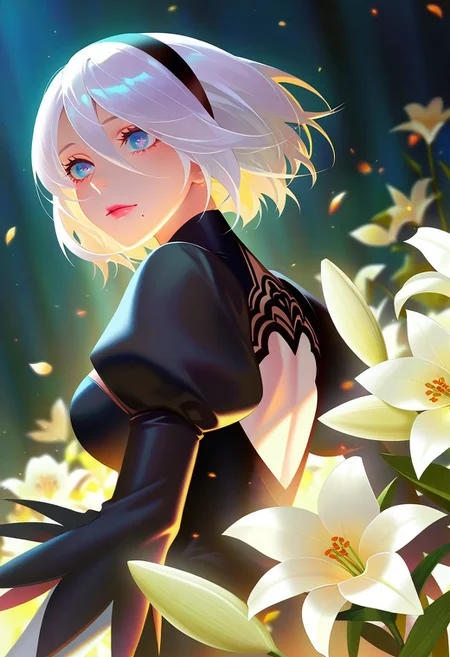 masterpiece, best quality, very aesthetic, high resolution, ultra-detailed, absurdres, newest, extremely detailed eyes, beautiful, perfect lighting, hi res, amazing quality, very awa, Brightly Lit, Highly Visible, 8k, sharp focus, beautiful, perfect lighting, volumetric lighting, scenery, painting_(artwork), Score_ST, yorha 2b, 1girl, back cutout, black dress, black hairband, blue eyes, cleavage cutout, clothing cutout, dress, flower, hairband, juliet sleeves, lily (flower), long sleeves, mole, mole under mouth, no blindfold, pink lips, puffy sleeves, solo, upper body, white hair