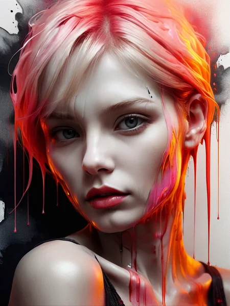 8k, RGB, HDR, oil paints, watercolors, bright saturated colors, Anna Razumovskaya, Jarek Kubicki, Aleksi Brilo, Darek Zabrotsky, Sakimichan, Loisch, Aminola Rezai, photo RAW, black, dark red, close-up, Portrait of Heloise, Mixed media collage. text with the inscription "Eloise", beautiful face. Calligraphy, gouache wash, pen sketch, thin lines, vintage illustration style. Black, white, coral pink, red, blonde hair, beautiful patterns <lora:ral-melting:1> ral-melting