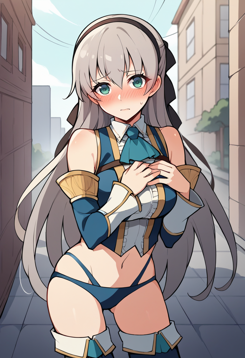 score_9, score_8_up, score_7_up, source_anime BREAK 1girl, solo,
<lora:zs_CoronetArmorXL:1> p4coronetarmor, bustier,  ascot, detached sleeves, blue panties, thighboots, navel, midriff, bare shoulders
looking at viewer, cowboy shot, city, pov, embarrassed, heavy blush, hands on chest
 <lora:elie-pdxl-nvwls-v1:1> rndElie, hairband, hair ribbon, long hair, grey hair