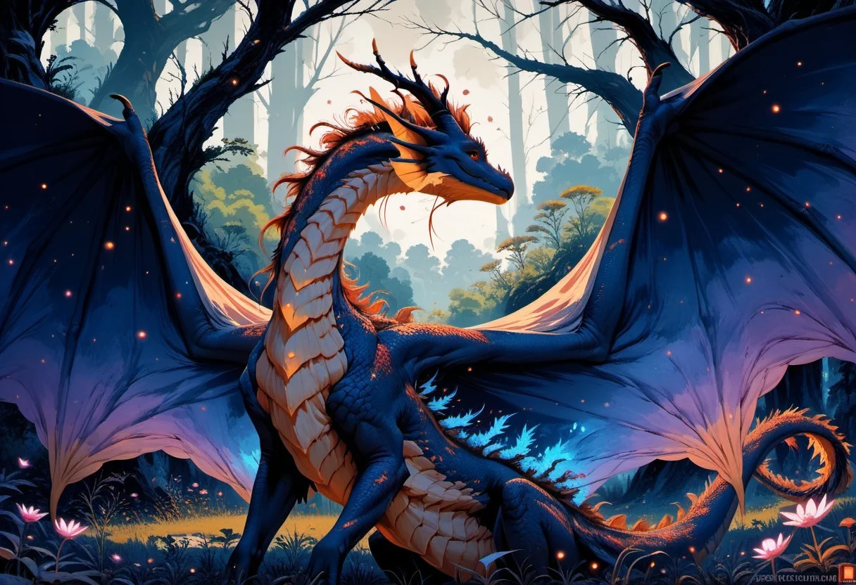 score_9, score_8_up, score_7_up, score_6_up, score_5_up, score_4_up, A mystic (((feral dragon))) with ethereal wings, ethereal, vivid colours, lush, dreamlike, detailed and vibrant, full scene composition, good anatomy, beautiful eyes, mystical, elegant, beautiful, high res, Ethereal Brushstroke