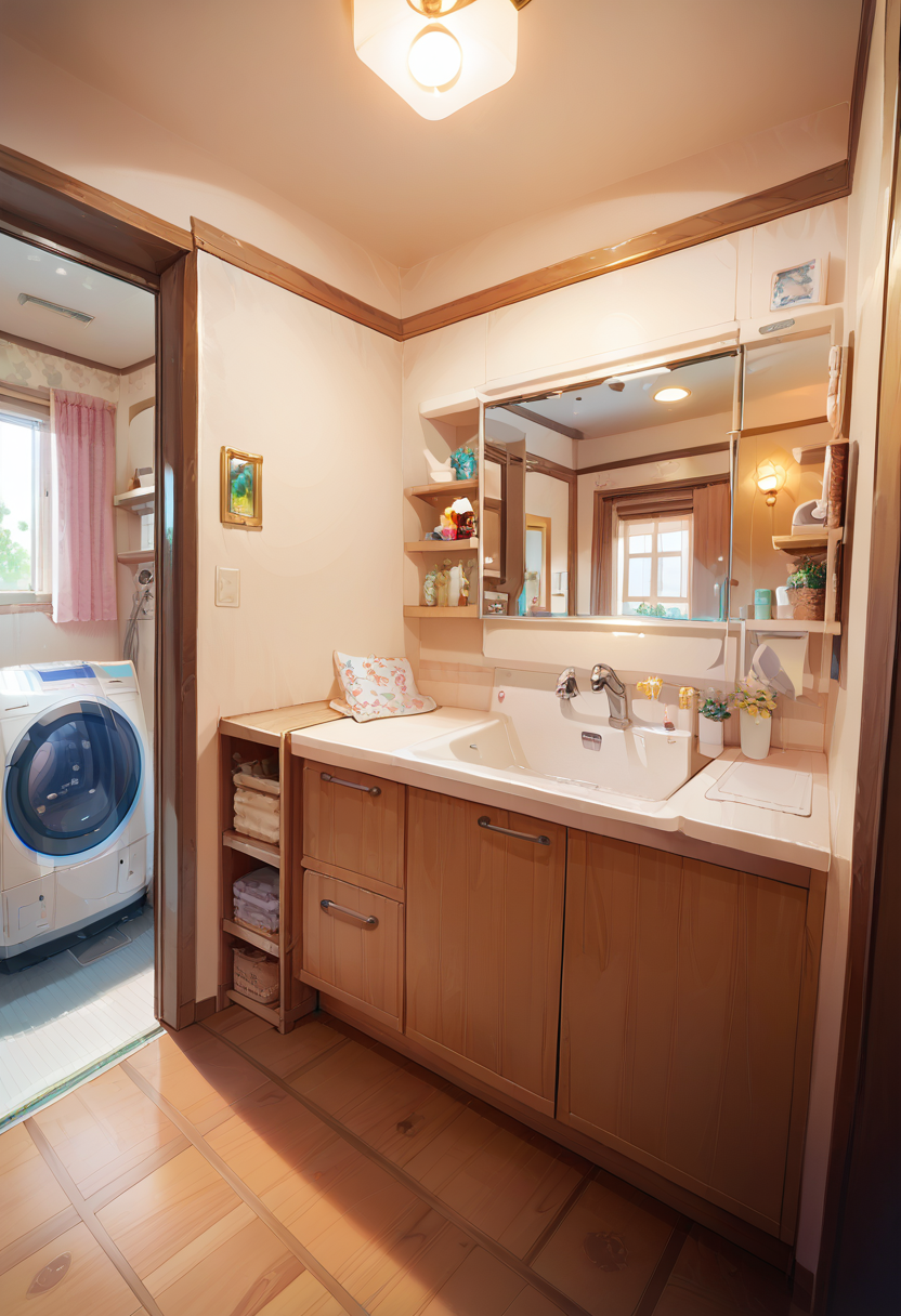 score_9, score_8_up, score_7_up, rating_safe, masterpiece, best quality, absurdres, unity 8k wallpaper, official art, official style, source_anime, uncensored, game cg, megami magazine,
JML2, sink, scenery, door, faucet, indoors, mirror, cabinet, laundry, washing machine
 <lora:JP_Senmenjyo_PONY_V2:1>