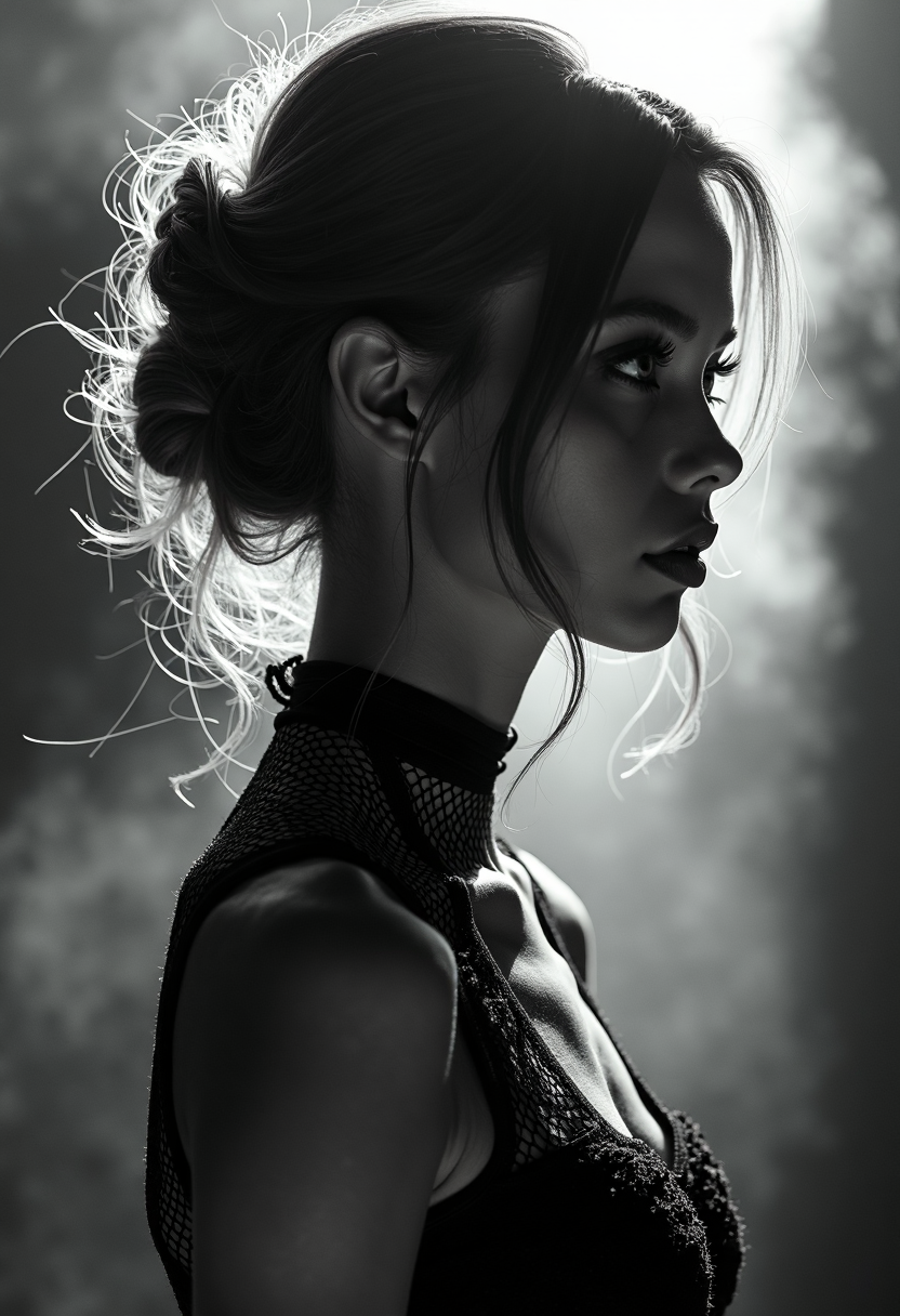 A highly detailed, black-and-white, silhouette, closeup, professional photo portrait of a young woman with a delicate, almost otherworldly beauty. She has fair, porcelain-like skin and striking almond-shaped eyes framed by long, dark lashes that draw attention to her gaze. Se is looking to the left, away from viewer. Her hair is voluminous and styled in an elegant updo, with soft, loose strands falling around her face to soften her features. Her lips are full and slightly parted, lending a subtle, sultry allure to her expression. She wears a form-fitting, high-necked top made of delicate, fishnet fabric, which accentuates her slender physique and adds a touch of subtle sensuality. The background is pitch black, with smoke behind the woman, creating a dramatic contrast with her light skin and hair, drawing the viewerâs focus entirely onto her. The lighting, hitting only one side of her face, is hard in chiaroscuro style, giving depth to her features and an air of mystery. The overall style blends gothic and fantasy influences, with a strong emphasis on realism and a refined sense of elegance and enigma.