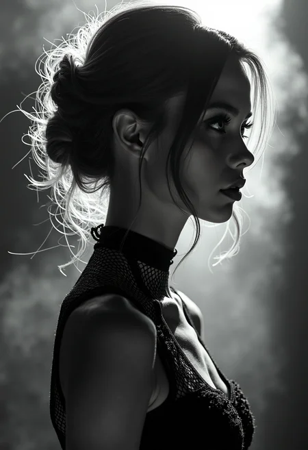 A highly detailed, black-and-white, silhouette, closeup, professional photo portrait of a young woman with a delicate, almost otherworldly beauty. She has fair, porcelain-like skin and striking almond-shaped eyes framed by long, dark lashes that draw attention to her gaze. Se is looking to the left, away from viewer. Her hair is voluminous and styled in an elegant updo, with soft, loose strands falling around her face to soften her features. Her lips are full and slightly parted, lending a subtle, sultry allure to her expression. She wears a form-fitting, high-necked top made of delicate, fishnet fabric, which accentuates her slender physique and adds a touch of subtle sensuality. The background is pitch black, with smoke behind the woman, creating a dramatic contrast with her light skin and hair, drawing the viewerâs focus entirely onto her. The lighting, hitting only one side of her face, is hard in chiaroscuro style, giving depth to her features and an air of mystery. The overall style blends gothic and fantasy influences, with a strong emphasis on realism and a refined sense of elegance and enigma.
