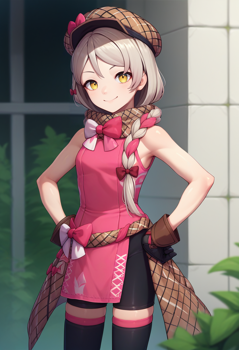 score_9, score_8_up, score_7_up, source_anime, solo, 1girl, frammedef, smile, looking at viewer, hands on own hips, multicolored hair, grey hair, single braid, brown headwear, plaid headwear, hat, hat bow, pink bow, pink dress, sleeveless dress, black gloves, black shorts, bike shorts, black thighhighs, brown scarf, bare shoulders, outdoors <lora:fireemblem_framme_ponyXL:1>