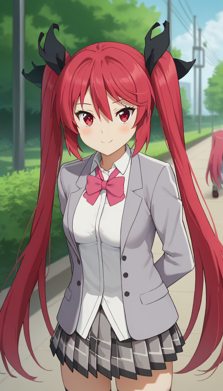 score_9,score_8_up,masterpiece,best quality,correct anatomy,anime_source,1girl,solo,perfect eyes,perfect arms,perfect legs,perfect face,outdoors,upper body,(portrait:1.5),looking at viewer,facing viewer,smile,blush,Kuuko,very long hair,red hair,twintails,hair ornament,hair ribbon,black ribbon,sidelocks,hair between eyes,bangs,red eyes,school uniform,grey jacket,Blazer,pink bowtie,white shirt,collared shirt,long sleeves,medium breasts,miniskirt,grey skirt,pleated skirt,plaid skirt,thighs,zettai ryouiki,black thighhighs,loafers,brown footwear,<lora:Kuuko(hns)-Pony:1.6>,
