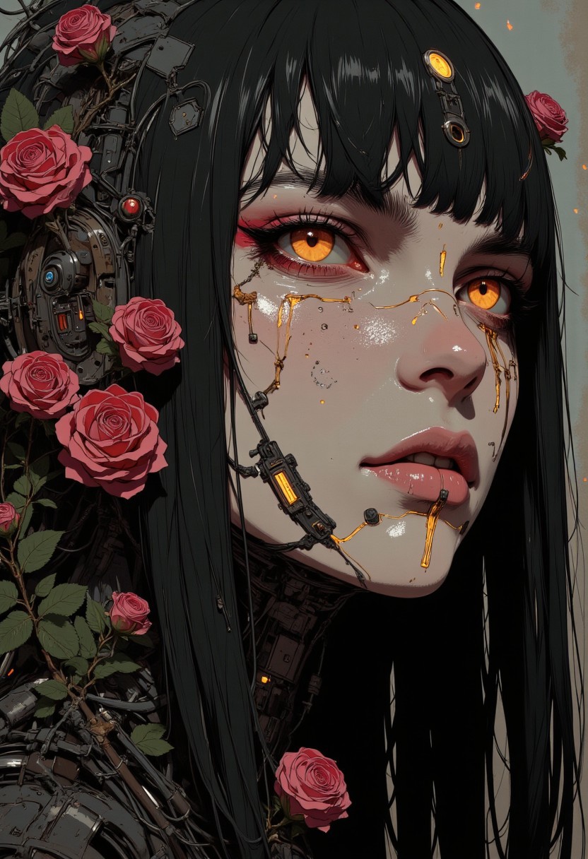 A digital anime artwork in the style of cklg. A close-up portrait of a cybernetic goth girl with an otherworldly allure, her face partially framed by tiny roses entwined with mechanical wires and rusted metal. Her pale skin contrasts sharply against the dark, ornate designs of her cybernetic enhancements, with glowing amber filigree running delicately across her cheeks and brow like veins of light. Her deep crimson lips are accentuated by streaks of dark metallic rust spreading from her jawline into her neck, giving her an ethereal yet decaying beauty. Her eyes, a striking shade of molten gold, appear both human and artificial, glimmering softly as though powered by an inner machine. Long strands of black hair cascade over one side of her face, some strands replaced by faintly glowing cables woven like silk. The roses, metallic and organic in equal measure, are vibrant red but with edges corroded by rust, appearing frozen between life and decay. The soft, moody lighting casts a faint sepia glow, giving the image a melancholic, post-apocalyptic atmosphere. The blurred background hints at an industrial wasteland with faint, glowing embers floating in the air, adding to the haunting fusion of life, death, and machinery. This surreal, steampunk-gothic vision encapsulates beauty entwined with corrosion.