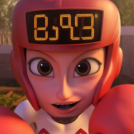 score_9, masterpiece, 1girl, Solo, female focus, cute, Kayoh_HI, light skin, big eyes, light brown eyes, dark brown hair, short curly ponytail sticking out from the top of the helmet, dark brown eyebrows, red boxing helmet with a digital scoreboard, red boxing gloves, black and white full body tight sports suit, logo on chest, white boxing boots, athletic body, tall stature, close-up, room background, looking at viewer, perfect eyes