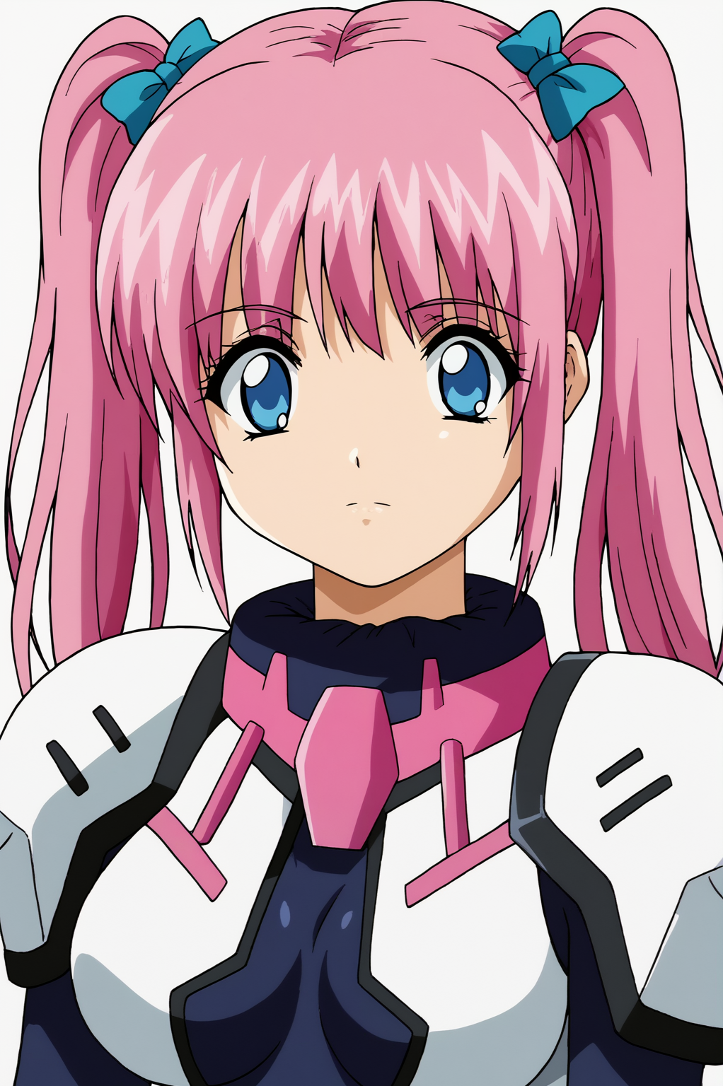 <lora:JoscoePOREvoPDXL:0.8>, white background,  Kotoko, solo, twintails, pink hair, pilot suit, anime coloring