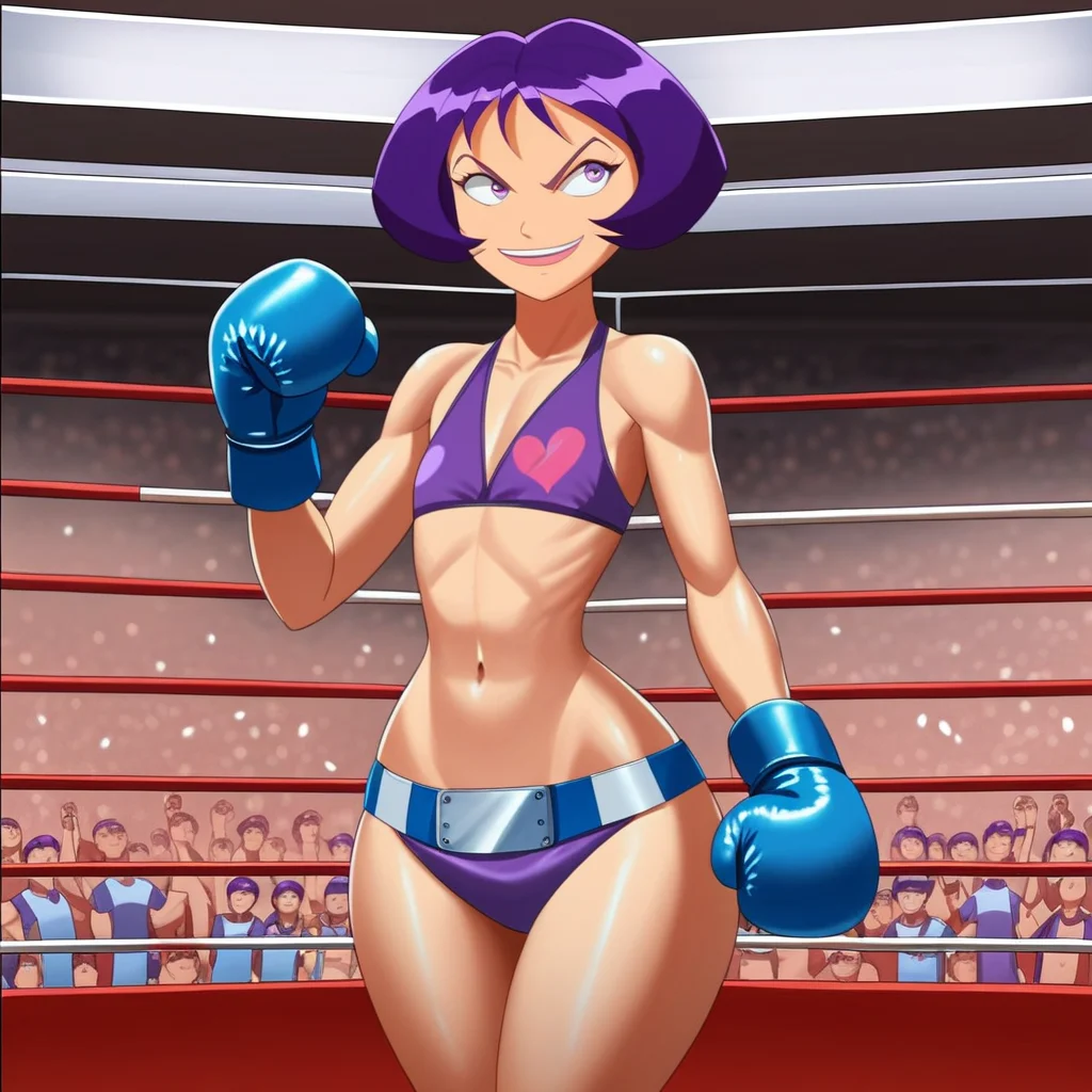 score_9, score_8_up, score_7_up, score_6_up, score_5_up, score_4_up, BREAK, madison_ts, purple hair, short hair, bangs, purple eyes, purple eyebrows, pink lipstick, makeup, large breast, mature female, flat chest, wide hips, narrow waist, amazonian body, 18 years old, 1girl, solo, wearing purple boxing gloves, boxing arena, boxing ring, full body, wearing purple bikini, navel, smile, open mouth, detailed background, crowd, pose, victory celebration, championship belt, washington d.c., stadium, detailed background, anime, source_anime, 2000's style <lora:Madison_Totally_Spies:0.8>