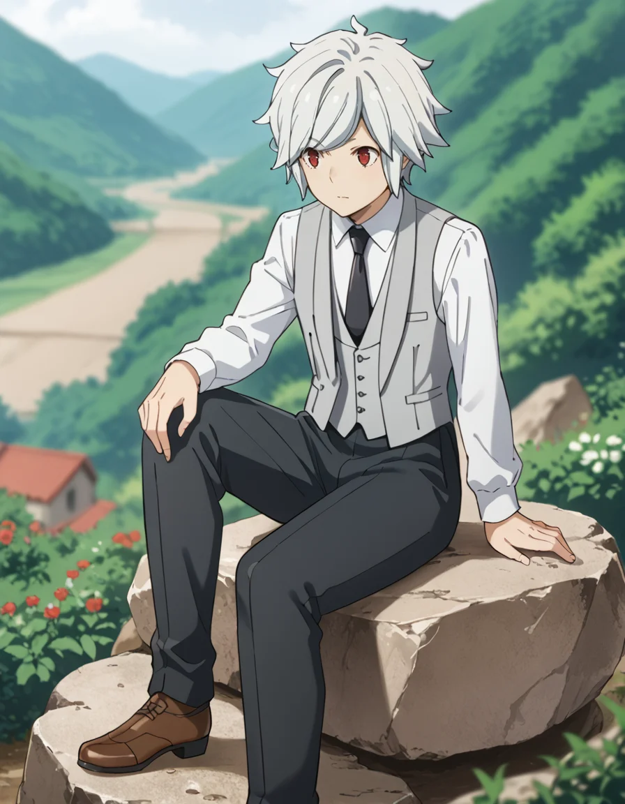 score_9, score_8_up, score_7_up, source_anime, BREAK
1boy, solo, blurry background, sitting on rock, outdoors, scenery,
bell cranel, short hair, white hair, spiky hair, red eyes,
date outfit 2, black necktie, white shirt, collared shirt, grey vest, long sleeves, black pants, brown shoes,
<lora:bell_cranel_anime-soralz:1>