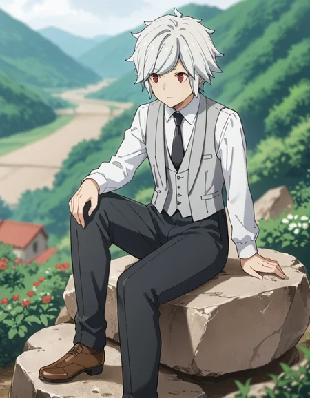 score_9, score_8_up, score_7_up, source_anime, BREAK
1boy, solo, blurry background, sitting on rock, outdoors, scenery,
bell cranel, short hair, white hair, spiky hair, red eyes,
date outfit 2, black necktie, white shirt, collared shirt, grey vest, long sleeves, black pants, brown shoes,
<lora:bell_cranel_anime-soralz:1>