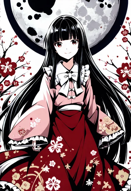 score_9,score_8_up,score_7_up,ink \(medium\),Ink wash painting,greyscale,monochrome,foreshortening,intricate details,1girl,solo,Kaguya Houraisan,thkaguya,long hair,bangs,very long hair,black hair,blunt bangs,hime cut,red eyes,bowtie,frilled shirt collar,pink shirt,japanese clothes,long sleeves,sleeves past wrists,wide sleeves,frills,red skirt,frilled skirt,floral print,looking_at_viewer,cowboy_shot,smile,closed mouth,arms_at_sides,outdoors,full_moon,<lora:thkaguya.pony:1>,<lora:okazu_XL_PONY_v1.1:1.1>,<lora:Anipai_style-07:0.7>,<lora:cfg_scale_boost:0.5>,zPDXL3,
