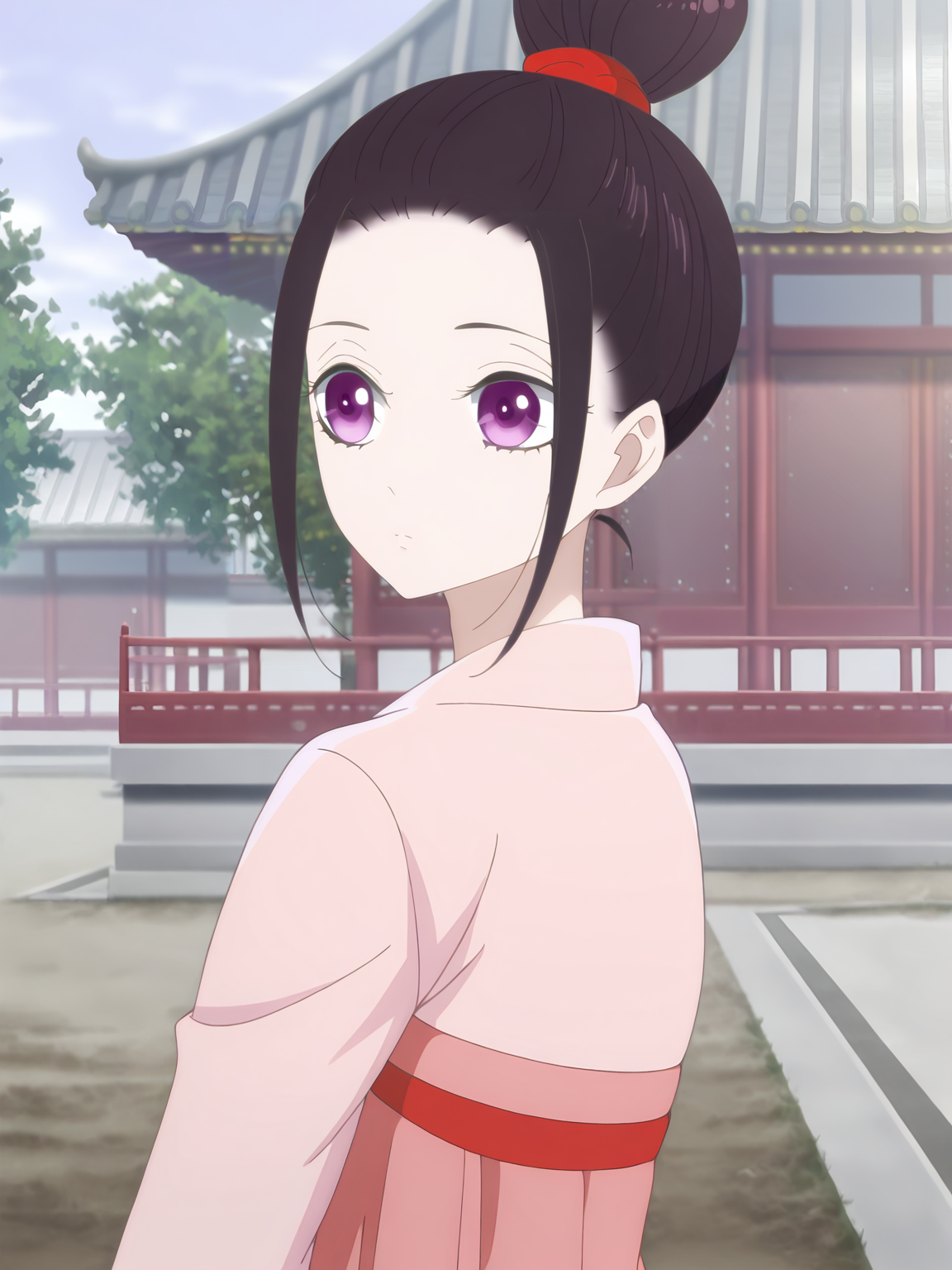 <lora:Ryuu_Jusetsu_v6:0.8>, ryuu jusetsu, 1girl, solo, purple eyes, single hair bun, red scrunchie, sidelocks, black hair, pink hanfu, red chest bow, long sleeves, closed mouth, standing, looking back, upper body, from side, outdoors, day, building, sky, tree, east asian architecture