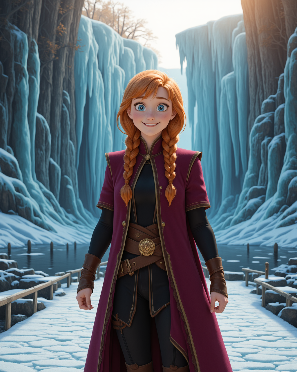 hyperRealistic Style in a wide shot. Looking at viewer, outdoors in daylight, Triumphant with a wide grin, raised fists, and eyes gleaming with pride.
<lora:Frozen_-_Anna_v2_000030:1> f-anna 20 year old woman she has blue eyes, orange hair and a freckled face. strawberry-blonde hair in twin braids, wearing
a young woman with strawberry-blonde hair flowing freely, wearing a dark magenta travel coat with high collar and golden trim, black long-sleeved tunic underneath, belted waist with brown leather sash, black pants tucked into tall brown leather boots, golden brooch fastening cloak, exposed hands with visible fingers, confident stance, autumn forest background, cinematic lighting, full body
626. Standing on a curved bridge at sunrise, with a dreamy gaze, mist lifting from the water Frozen Waterfall Cavern â Standing at the base of an enormous waterfall frozen mid-cascade, they reach out and feel a strange warmth beneath the ice, as if something still moves within. Light refracts through the frozen curtain, filling the cavern with prismatic colors.
