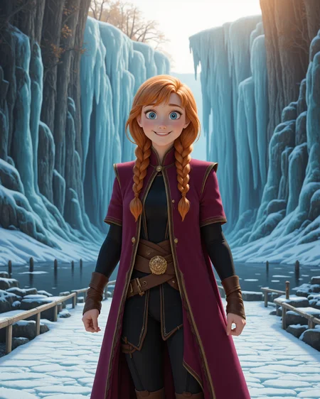 hyperRealistic Style in a wide shot. Looking at viewer, outdoors in daylight, Triumphant with a wide grin, raised fists, and eyes gleaming with pride.
<lora:Frozen_-_Anna_v2_000030:1> f-anna 20 year old woman she has blue eyes, orange hair and a freckled face. strawberry-blonde hair in twin braids, wearing
a young woman with strawberry-blonde hair flowing freely, wearing a dark magenta travel coat with high collar and golden trim, black long-sleeved tunic underneath, belted waist with brown leather sash, black pants tucked into tall brown leather boots, golden brooch fastening cloak, exposed hands with visible fingers, confident stance, autumn forest background, cinematic lighting, full body
626. Standing on a curved bridge at sunrise, with a dreamy gaze, mist lifting from the water Frozen Waterfall Cavern â Standing at the base of an enormous waterfall frozen mid-cascade, they reach out and feel a strange warmth beneath the ice, as if something still moves within. Light refracts through the frozen curtain, filling the cavern with prismatic colors.