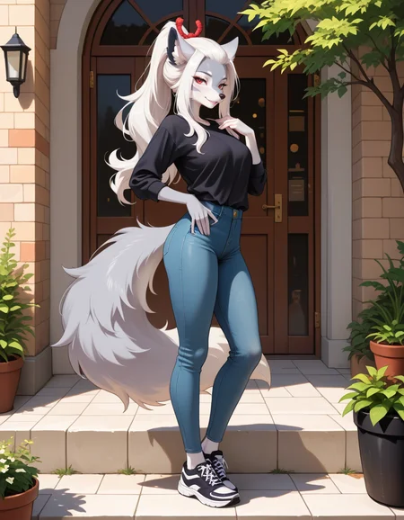 masterpiece, best quality, very aesthetic, absurdres,
outdoors, casual, 
full body, posing, 
seductive smile, parted lips, long eyelashes,
<lora:Hakuro_v01_NAIXL:1>
H4kur0,1girl,solo,furry,furry female,wolf girl,white hair,long sidelocks,bangs pinned back,ponytail,red eyes,snout,animal nose,body fur,two-tone fur,grey fur,white fur,wolf tail,