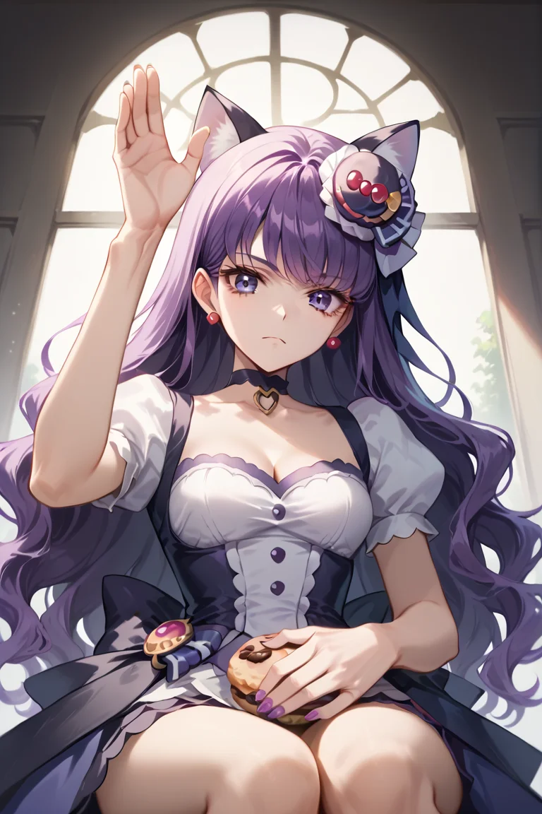 score_9,score_8_up,score_7_up,masterpiece, best quality, source_anime, 1 girl,<lora:Smooth Anime:0.7> sitting, <lora:SILENCIO_V2:0.8> hand up, leaning on back, from below,
<lora:Cure Macaron:0.8> Cure Macaron, Kotozume Yukari, fake cat ears, purple bow choker, macaron hair ornament, red earrings, purple hair, purple eyes, wavy hair, long hair,
