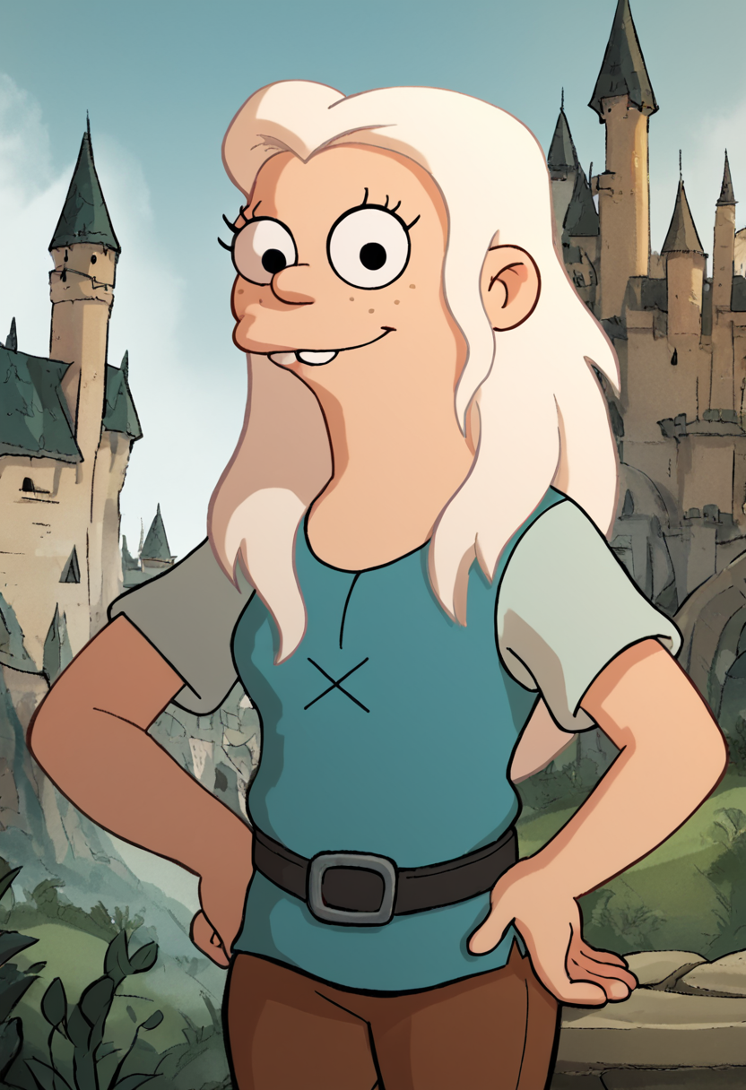 <lora:BeanPony2.0:1>  tiabeanie, white hair, 1girl, long hair, buck teeth, solo, freckles, blue tunic, belt, brown pants,  black eyes, looking at viewer,smile,  hand on own hip, cowboy shot, score_9, score_8_up, score_7_up, score_6_up, score_5_up, score_4_up,castle,