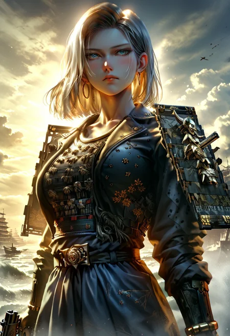 score_9, score_8_up, (cowboy shot:1.5), chest focus, best quality, masterpiece, high contrast, 8k, highly detailed, extremely detailed face, beautiful , Android No. 18, indifferent, blushing, excited, arrogant, side-parted blond hair, slender and perfect figure, (huge breasts: 1.0), thin waist, sexy long legs, beautiful blue eyes, big hoop earrings, wearing Japanese Warring States period armor, holding a Japanese Warring States Period matchlock gun , body shot from waist up, detailed background, surreal, HD, extremely detailed, high resolution, cinematic lighting, octane rendering, 8k resolution, Artstation quality, Horizontal viewing angle