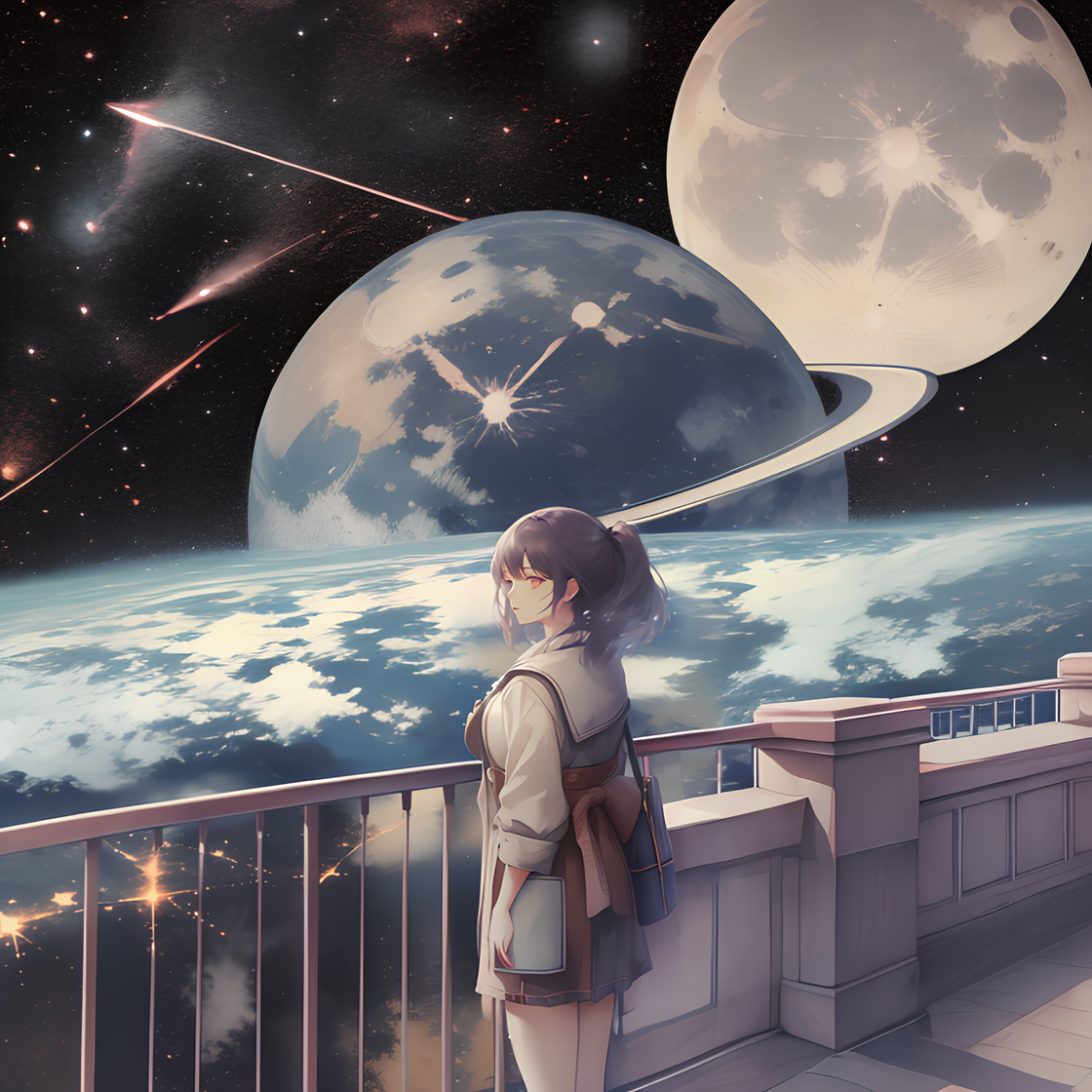 (high quality, masterpiece), eotw_lora, 1girl, standing, closeup, balcony behind, planet, sky, night, moon, star (sky), night sky, scenery, starry sky, <lora:eotw_lora:1>