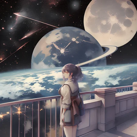 (high quality, masterpiece), eotw_lora, 1girl, standing, closeup, balcony behind, planet, sky, night, moon, star (sky), night sky, scenery, starry sky, <lora:eotw_lora:1>