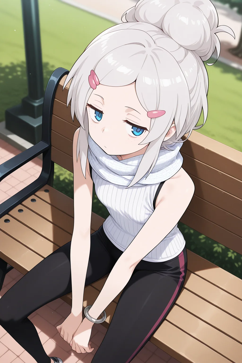 1girl,
DeuxMurasameGundamGQ, DMNormalOutfit,
general, solo, perspective,
grey hair, blue eyes, colored eyelashes, collarbone,
jitome,
hairclip,
white scarf, plaid, sleeveless shirt, white shirt, bangle,
black leggings,
looking at viewer, sitting, face in hands,
park, bench, swinging legs,
depth of field,
<lora:kp_DeuxMurasameGundamGQIllustrious_v1_1:1.0>,
masterpiece, best quality, amazing quality