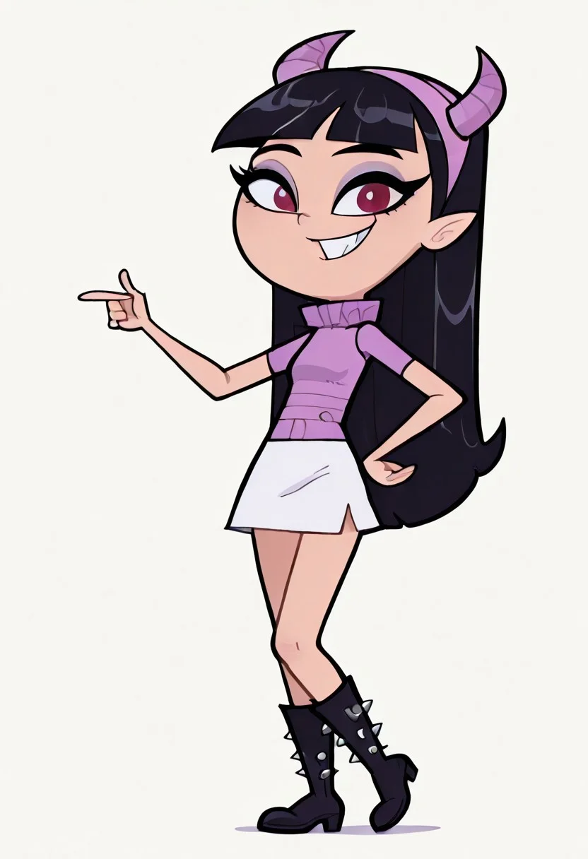 (masterpiece, best quality, good quality, very aesthetic, absurdres, newest:1.2), 1girl, solo, eyelashes, (beautiful eyes),
trixie, black hair, 1girl, pink turtleneck sweater, long hair, pink hairband, bangs, eyeshadow, smile, white skirt, makeup,white boots,
1girl, solo, long hair, black hair, purple and black hair, looking at viewer, horns, pointy ears, bangs, blunt bangs, makeup, eyeshadow, black lips, purple dress, black boots, knee boots, spikes, spiked collar, gothic, standing, full body, simple background, white background , smile, hand on hip, hip to the side,