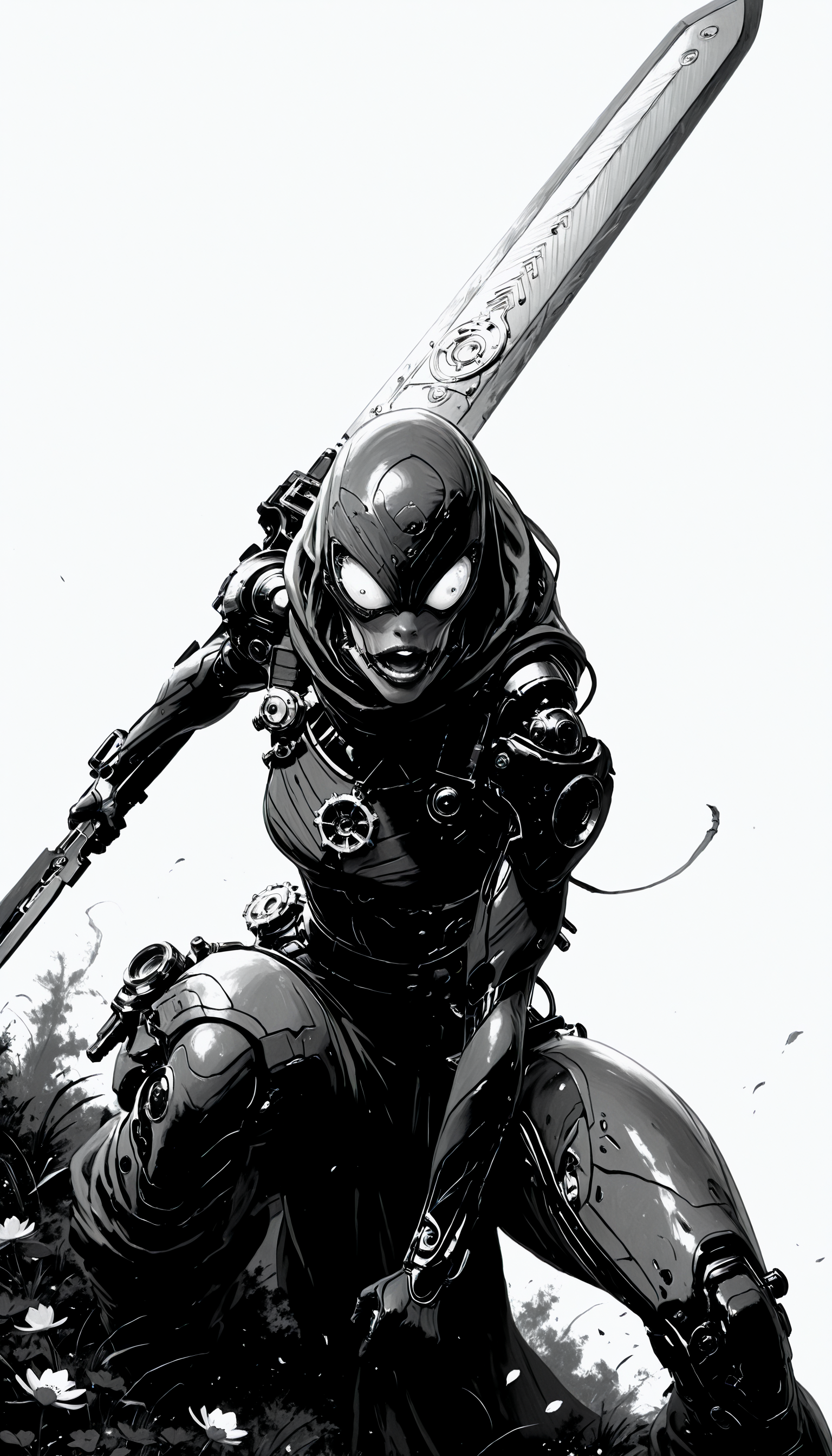 holding weapon, fighting stance, holding  buster sword,huge weapon,, WCG-Illu,, kaarea masterpiece, best quality, high quality, ultra-detailed, realistic,  traditional media, vivid_color, high contrast, speed lines, move_effects, action Create a detailed black and white sketch of a humanoid figure with a futuristic design. The figure's head is tilted slightly to the right, revealing a face with a pronounced nose, large eyes, and a slightly open mouth. The face is adorned with intricate mechanical details, including gears, tubes, and other mechanical components, giving it a complex and technological appearance. On the left side of the face, there's a circular object with a flower-like design, which could be interpreted as a part of the head or a decorative element. The overall style should reflect a fusion of realism and fantasy, with a focus on the interplay of light and shadow to create depth and dimension. solo, simple_background, white_background, greyscale, parted_lips, no_humans, traditional_media, robot, ink_\(medium\),    holding weapon, fighting stance, holding  buster sword,huge weapon,, WCG-Illu,, kaarea