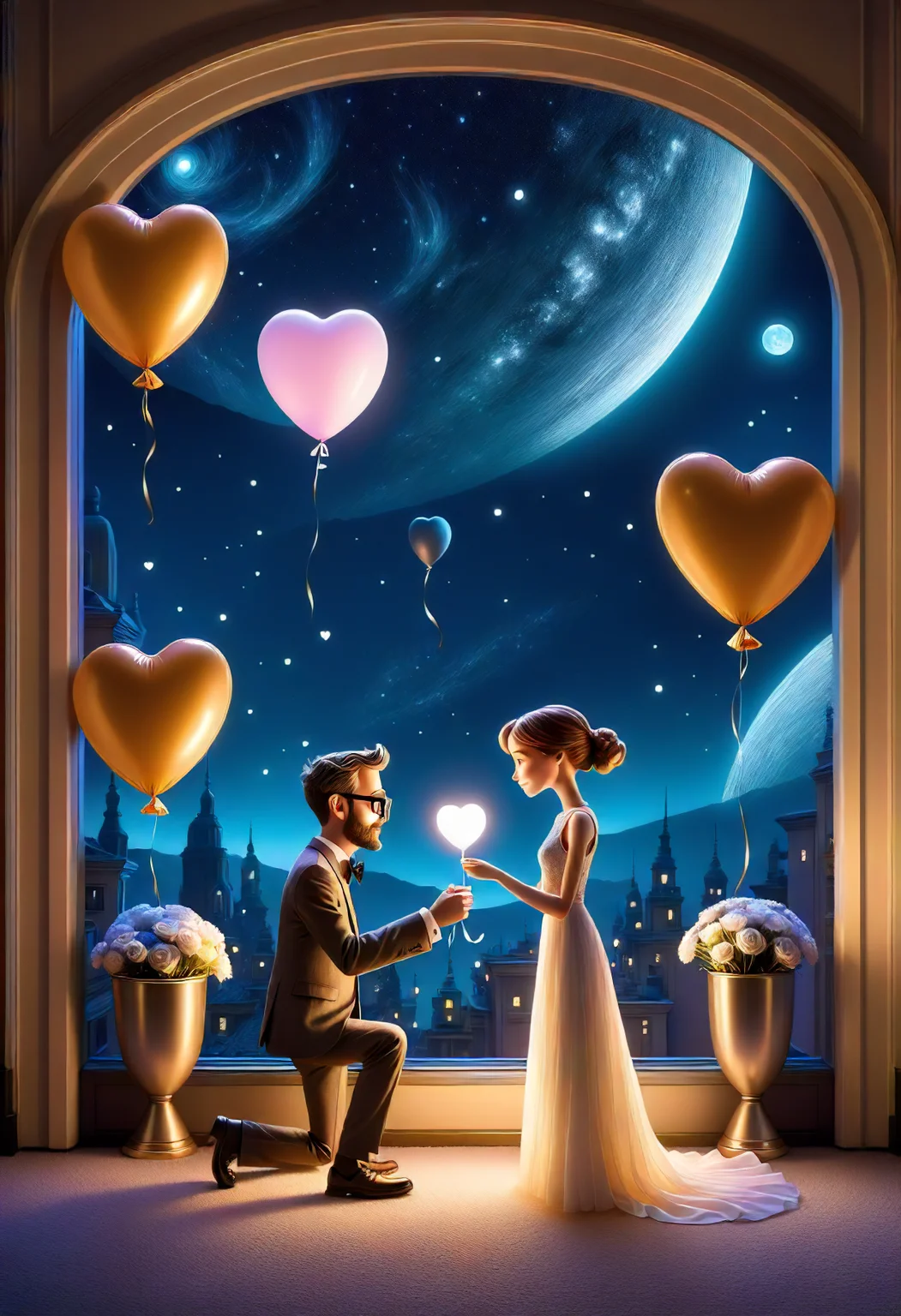 valentines day, surreal, candlelit, balloons, wall-e and eve, luxury hotel suite, dancing cheek to cheek in the moonlight, moonlit <lora:released\DonM3t3rn1tyXL-v1.1-000008:0.8>