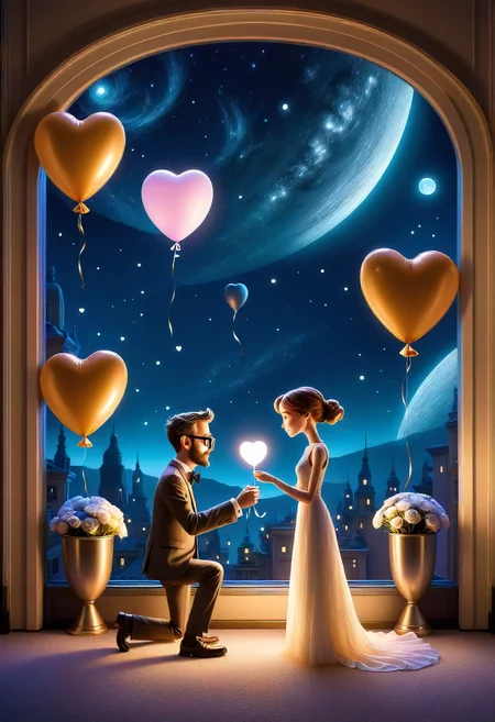 valentines day, surreal, candlelit, balloons, wall-e and eve, luxury hotel suite, dancing cheek to cheek in the moonlight, moonlit <lora:released\DonM3t3rn1tyXL-v1.1-000008:0.8>