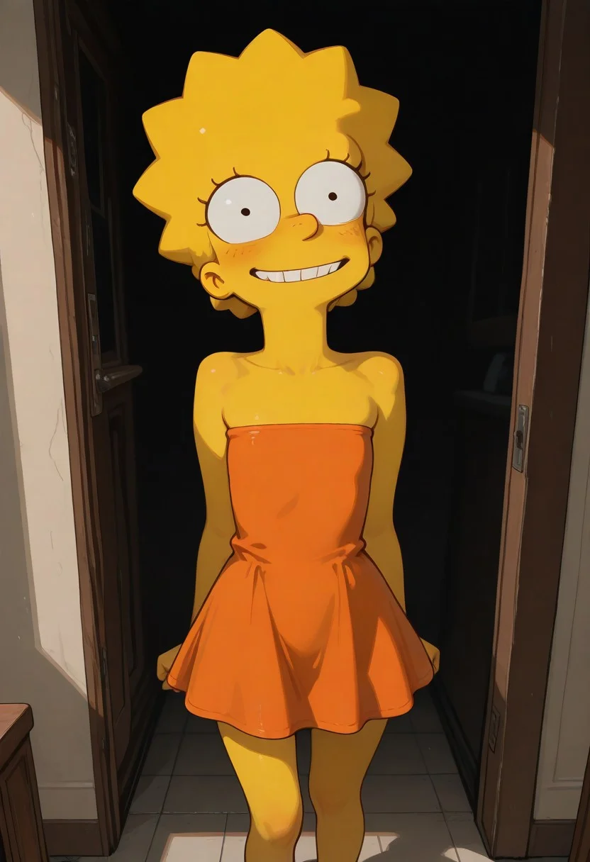 masterpiece, newest, absurdres, incredibly absurdres, best quality, amazing quality, very aesthetic, newest, , 1girl, solo, lisa_simpsons, detailed, dramatic light, high detail, sharp shading, centered composition, soft shadows, (dark room), decorative, warm light, volumetric lighting, raytracing, shadows, perspective, depth of, usnr, standing, sexy pose, happy face, sexy, orange tube dress with zigzag hem shirt, showing the groin, pleasure face, bare shoulder, strapless dress, sleeveless,