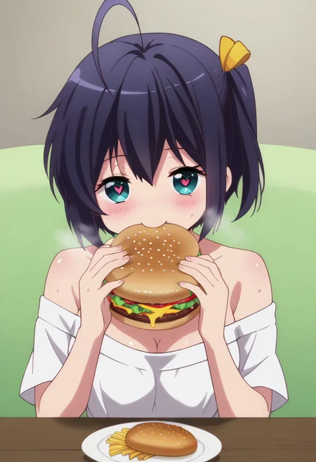 sitting on seat, upper body,
eating gurger, holdinf burger, dokaguiburger
rating explicit,
BREAK
score_9,anime screencap, masterpiece, ambient lighting,
1girl,solo,rikka takanashi,one side up,short hair,ahoge,bow,black hair,
head tilt, looking at viewer, half-closed eyes, shaded face, smile, blush,
sweating, steam, hearts, heart eyes,
BREAK
masterpiece, ambient lighting,
medium breasts, round breasts,
pink off-shoulder shirt, cleavage,
table
