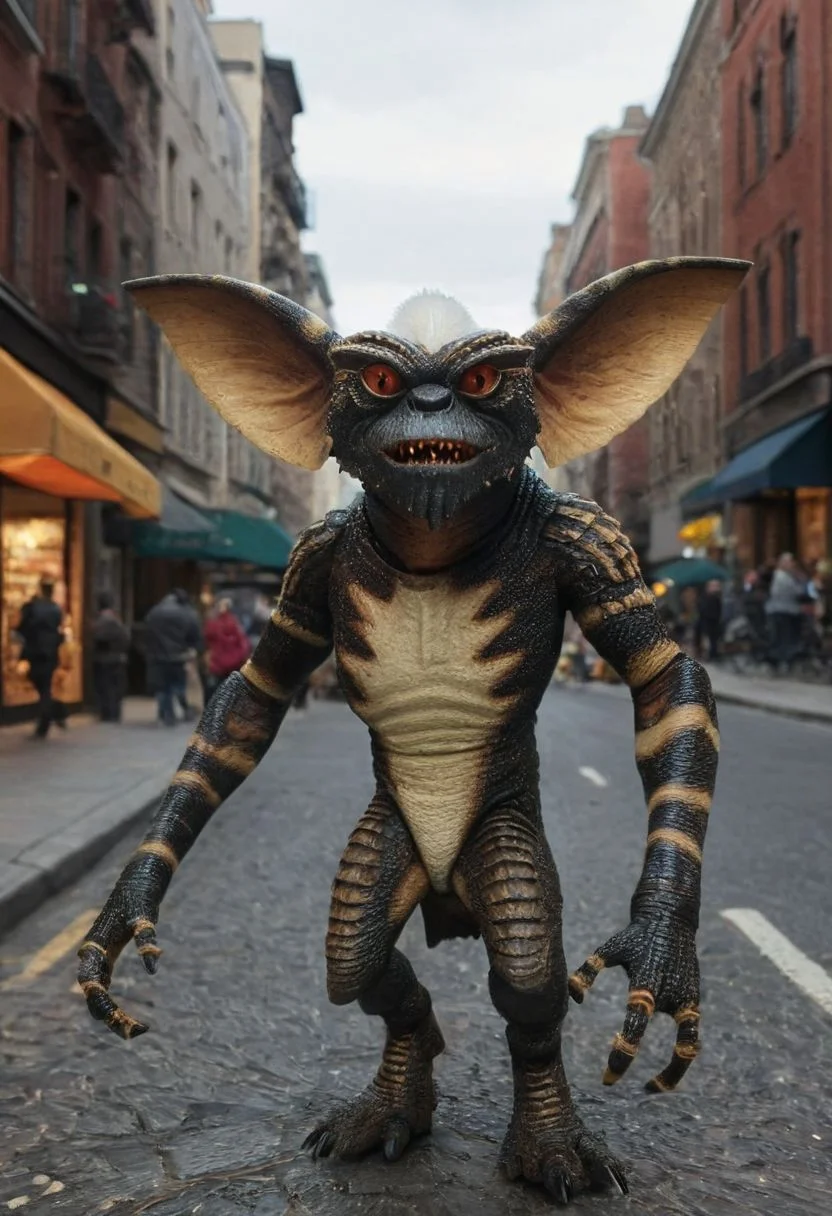 amazing quality, masterpiece, best quality, hyper detailed, ultra detailed, UHD, perfect anatomy, portrait, dof,in a street of big city, hyper-realism, majestic, awesome, inspiring, - (ogremlino,Ostrikero , :1.0), cinematic composition, soft shadows, national geographic style,