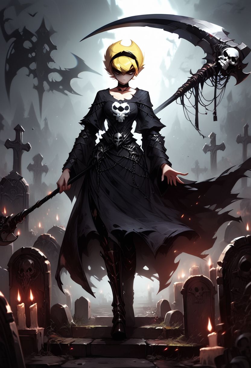 score_9, score_8_up, score_8_up, 
1girl, solo, rating_explicit
BREAK
high res image, masterpiece, detailed.
Break
mandygrim, blonde hair, hairband, shaped hair, short hair, pointy hair, black choker
Break
break
break
 grim reaper, walking in graveyard, candles, skulls, moonlight, black robe, scythe