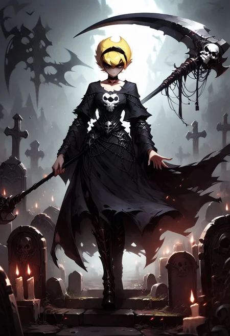 score_9, score_8_up, score_8_up,
1girl, solo, rating_explicit
BREAK
high res image, masterpiece, detailed.
Break
mandygrim, blonde hair, hairband, shaped hair, short hair, pointy hair, black choker
Break
break
break
grim reaper, walking in graveyard, candles, skulls, moonlight, black robe, scythe