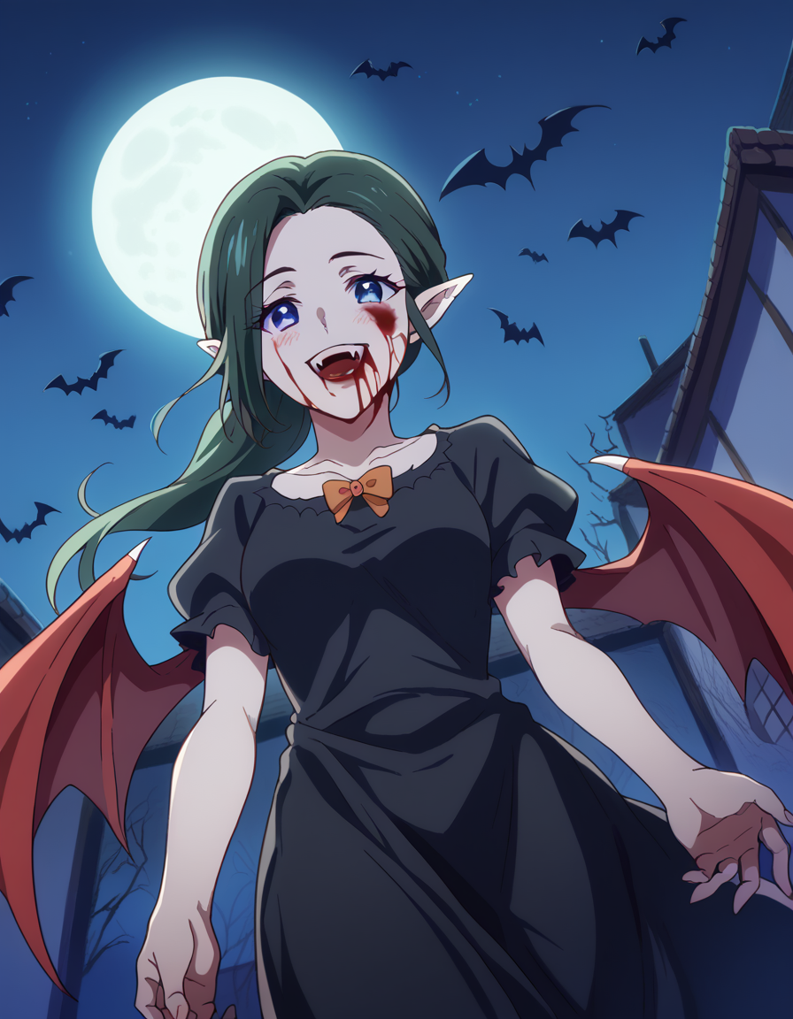 score_9, score_8_up, score_7_up, source_anime, <lora:haruhiko-mother-s1-ponyxl-lora-nochekaiser:1>, haruhiko mother, long hair, blue eyes, ponytail, green hair, medium breasts,, <lora:vampire-ponyxl-lora-nochekaiser:1>, vampire, red eyes, pointy ears, fangs, black dress, wings, blood, blood on face, blood on mouth, bat (animal), halloween, halloween costume, upper teeth only, night, moon, blush, smile, open mouth, , dutch angle, cowboy shot