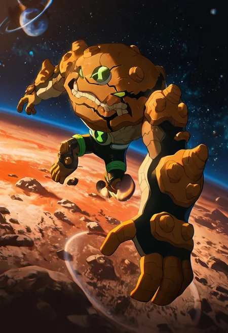masterpiece, best quality, amazing quality, very aesthetic, absurdres, newest,, detailed background, 
 movie scene, cinematic scene, cinematic, 
gravitack, crooked teeth, 1boy, armor, monster, green eyes, solo, massive arms, big hands, brown skin, 
in space, orbit rings, orbiting, space rings, planetary ring system, planet surface, atmosphere, rocks, asteroids,