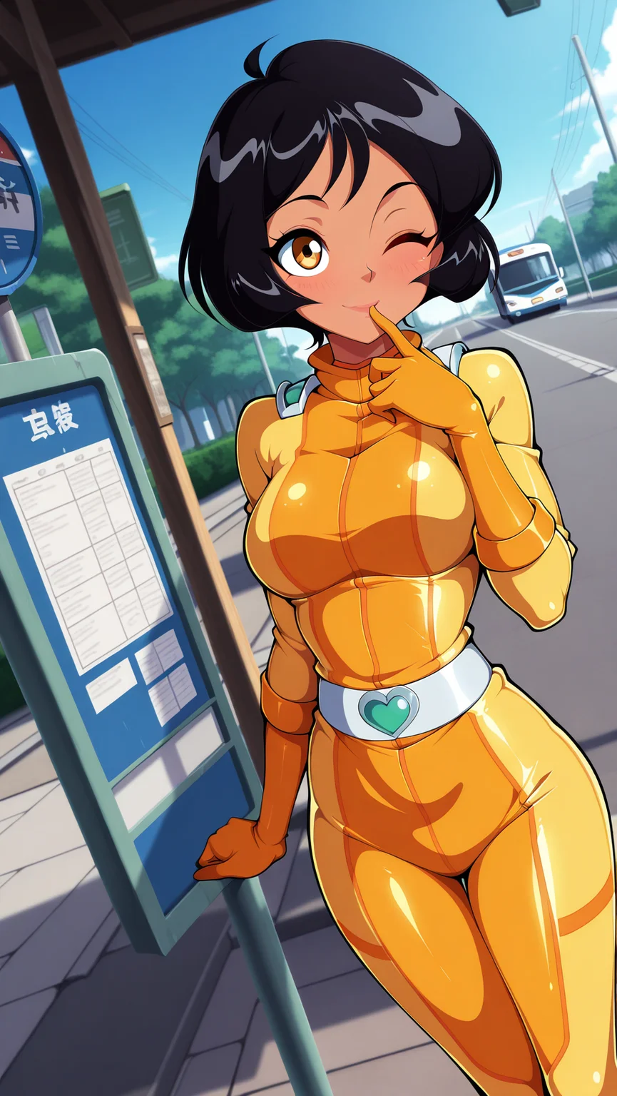 masterpiece, best quality, best aesthetic, 1girl, detailed background, cinematic lighting, dutch angle, source_anime, official style, street, blue sky, bus stop, trashcan, sidewalk, (black outline:0.8),  
1girl, adult woman, Alex_TotallySpies, yellow bodysuit, mischievous, dark skin, black hair, skinny, medium breasts, dynamic pose, wink, legs spread, finger on mouth, slightly blushing, 
 <lora:Hand v2:1>, <lora:feet_anime_pony_v2:1>, <lora:Alex_TotallySpies:1>