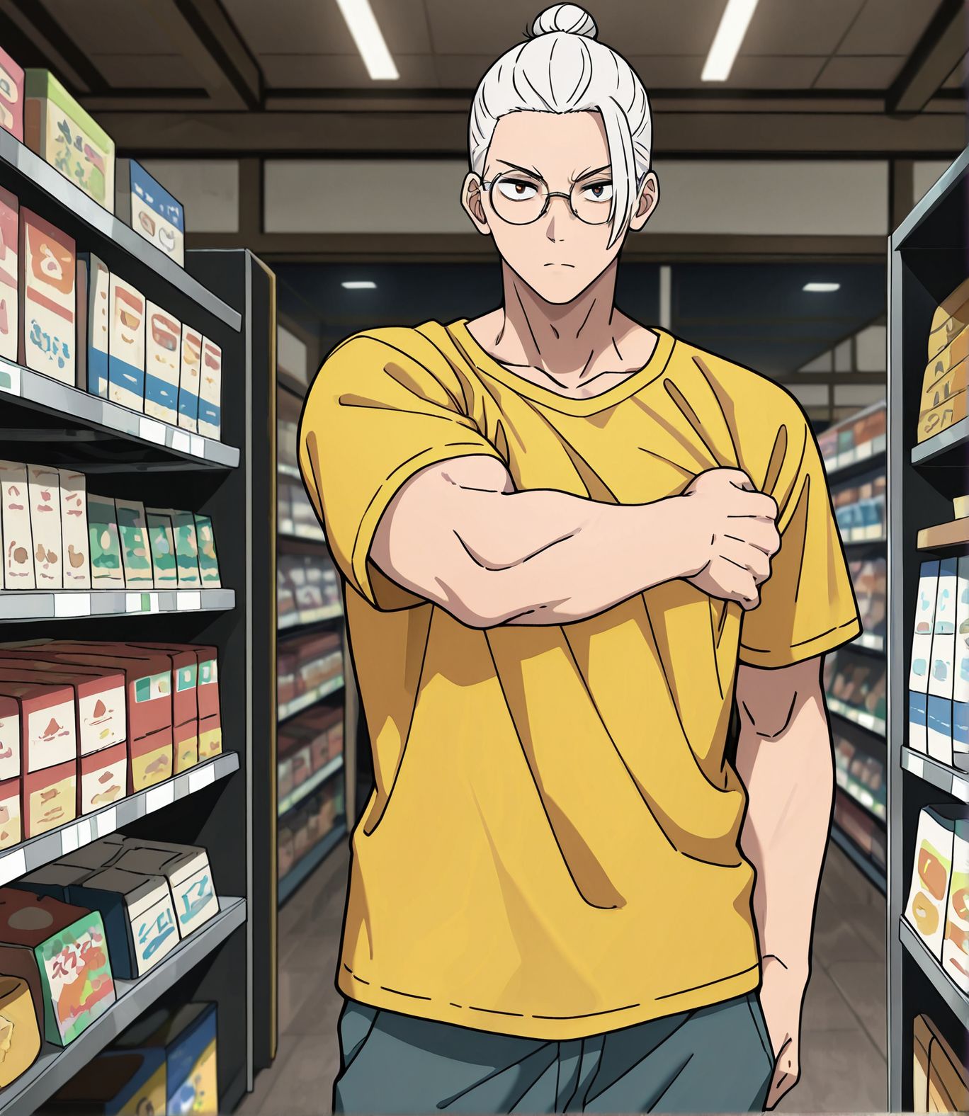 masterpiece,best quality,amazing quality,very aesthetic,absurdres,newest,huge filesize,
<lora:spo_sdxl_10ep_4k-data_lora_webui:0.5>,anime coloring,flat color, 
<lora:add-detail-xl:1>
<lora:Sakamoto_Days:0.8>SAKAMOTO_DAYS_V1,
s_sakamoto, serious,
1man,white hair, muscular, shop, 
glasses,
male focus,
shirt,
yellow shirt,
pants,
single hair bun,