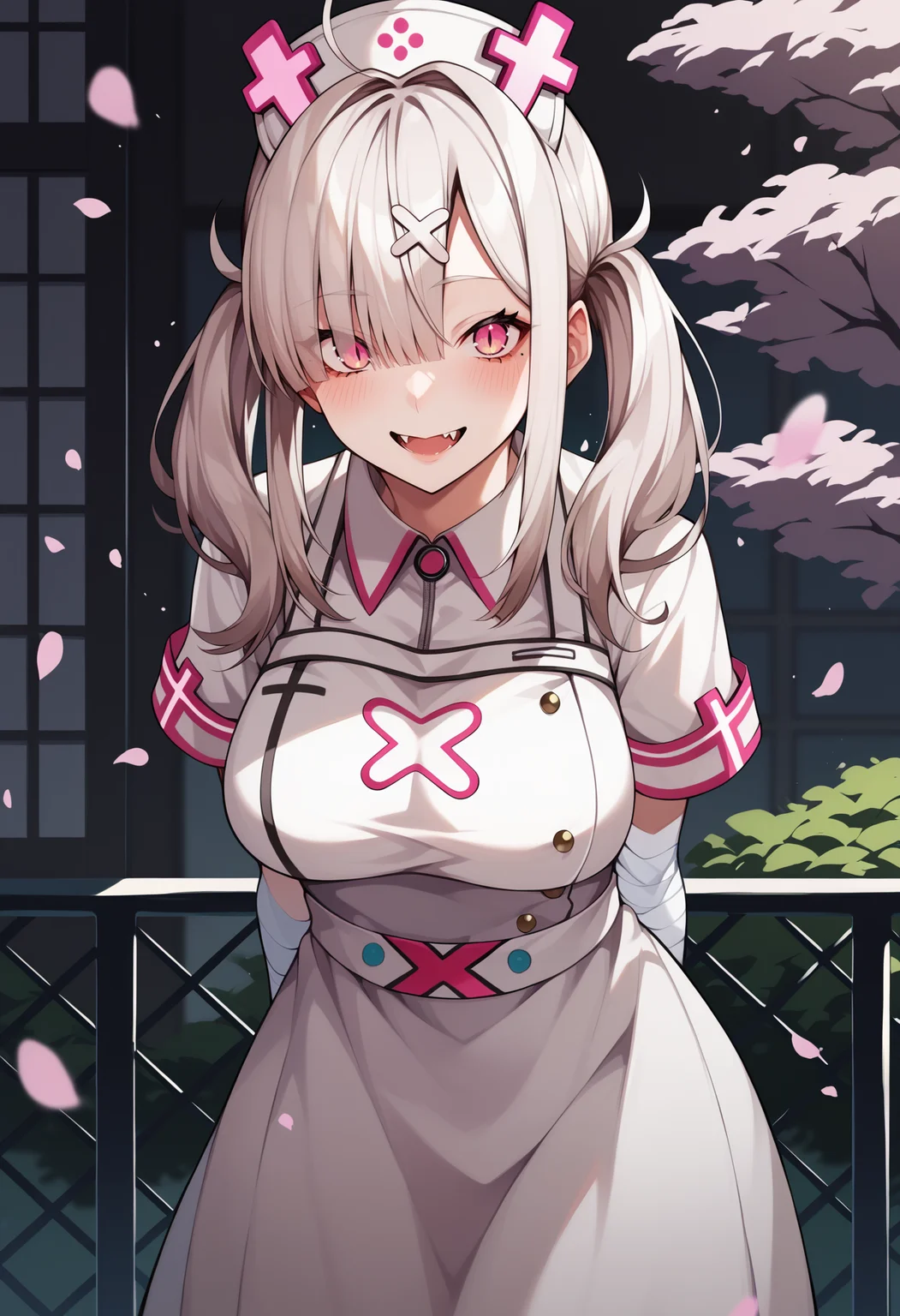 score_9, score_8_up, score_7_up, source_anime, aakana, long hair, twintails, ahoge, hat, nurse cap, x hair ornament, mole under eye, eyes visible through hair, blush, fangs, large breasts, nurse, white dress, short sleeves, bandaged arm, wrist cuffs, white gloves, white apron, <lora:sukoya_kana_xl_pony_v1:0.8>, smile, arms behind back, outdoors, cherry blossoms, smile, leaning forward, standing, cowboy shot,