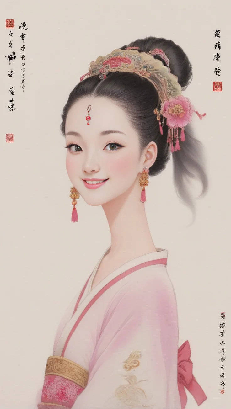 XCYP Ancient Character Painting,(chinese traditional minimalism:1.3), Close-up Portrait, Left View, Chinese eenchanting Maiden, Charming smile, solo,1girl, beautiful ,elegant, pink color matching, white background, hair, hair accessories, earrings,<lora:é²å䏿´¾@彩墨ç¥è¯XL:1>,