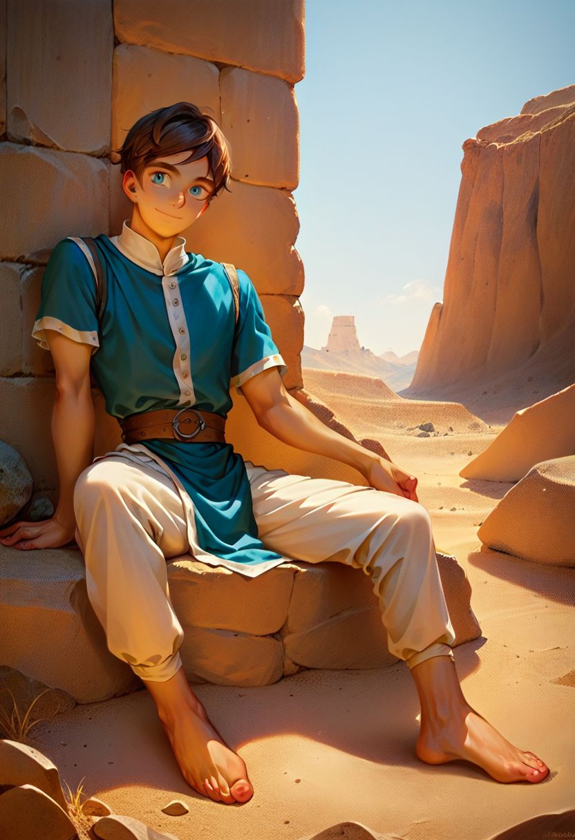 score_9, score_8_up, score_8_up, 1boy, handsome twink, (slim:1.2), masterpiece, brown hair, cyan eyes, medieval clothing, medieval pants, medieval shirt, detailed cloth clothing, detailed background, flat desert background, sandy desert, sitting on rock, seto, neutral expression, light smile, light tan
