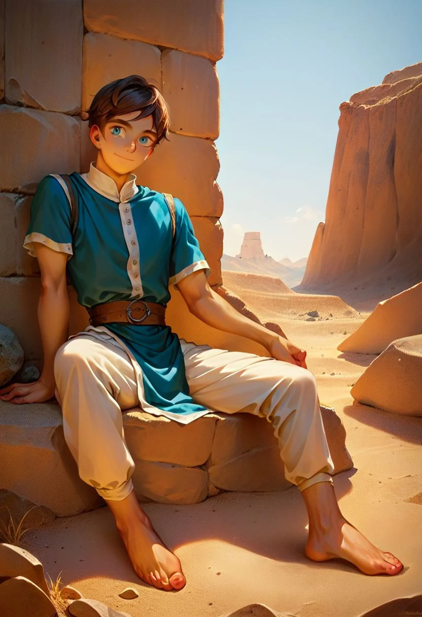 score_9, score_8_up, score_8_up, 1boy, handsome twink, (slim:1.2), masterpiece, brown hair, cyan eyes, medieval clothing, medieval pants, medieval shirt, detailed cloth clothing, detailed background, flat desert background, sandy desert, sitting on rock, seto, neutral expression, light smile, light tan