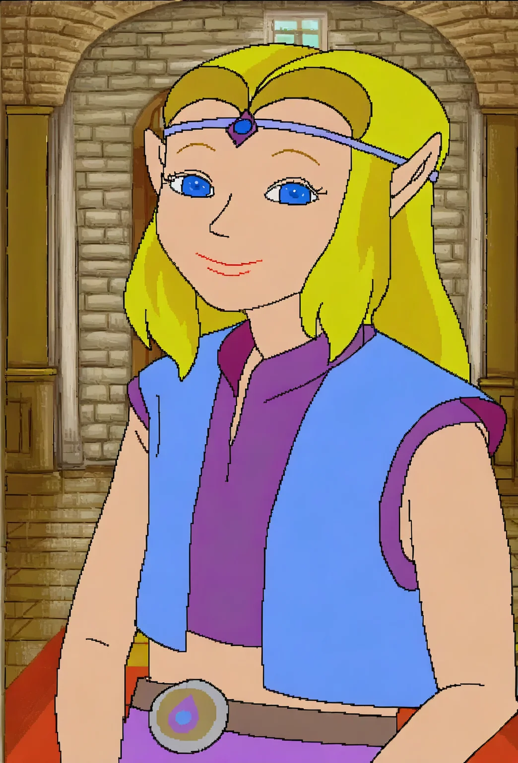 <lora:cdi-style_vpred-noobaiv10_:1>, cdi style, indoors, flat colors, 1girl, blonde hair, pointy ears, blue eyes, solo, long hair, smile, princess zelda, closed mouth, sidelocks, sleeveless, tiara, circlet, blue vest, looking at viewer, oekaki,âââ