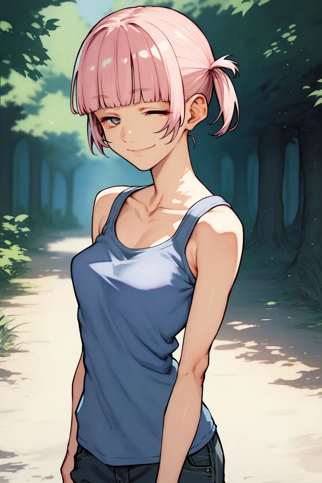 score_9, score_8_up, score_7_up, 1girl, closed eyes smile, looking at viewer, hand_behind_back, pink hair, blunt_bangs, short twintails, grey eyes, breasts, blue clothes, outdoors, vanishing point, no light <lora:kotoyama_PonyXL_style_v01:1>