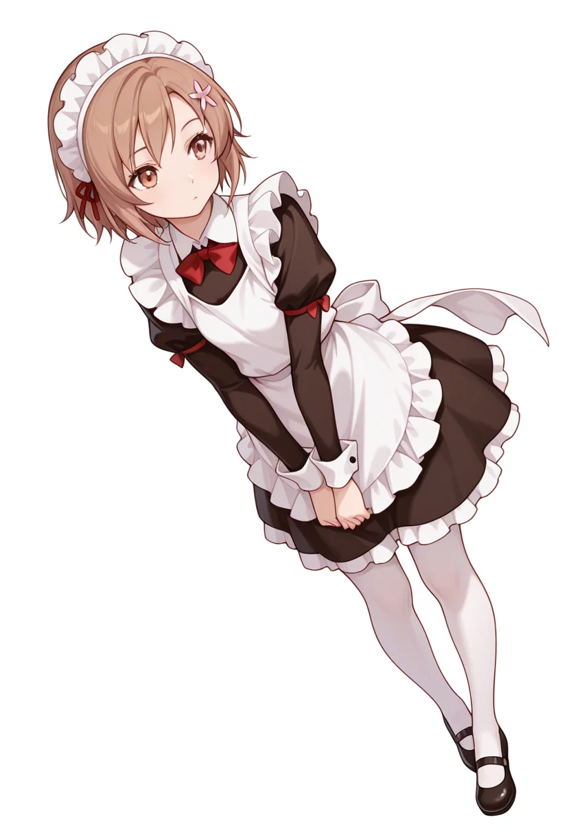 Smooth Quality,masterpiece,very intricate, high quality details, ultra realistic, high detailed skin,detailed enviorement,absurdres,
akanbe,
<lora:Yukimura_Kusunoki_CNR:0.8> yukimuria_cnr, 1girl, brown hair, short hair, brown eyes,hair flower,maid, maid headdress, apron, dress, white pantyhose,mary janes, shoes,bow,, simple background, white background, dynamic angle,solo,, 0w0,
