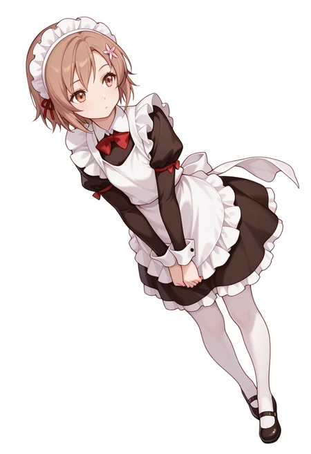 Smooth Quality,masterpiece,very intricate, high quality details, ultra realistic, high detailed skin,detailed enviorement,absurdres,
akanbe,
<lora:Yukimura_Kusunoki_CNR:0.8> yukimuria_cnr, 1girl, brown hair, short hair, brown eyes,hair flower,maid, maid headdress, apron, dress, white pantyhose,mary janes, shoes,bow,, simple background, white background, dynamic angle,solo,, 0w0,