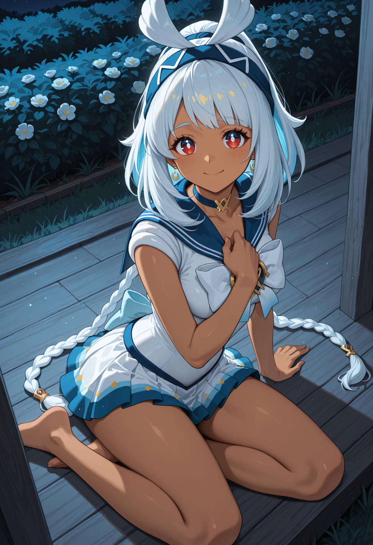 masterpiece, best quality, highres, absurdres, very awa, 1girl, solo, inaaum, white hair, twin braids, long hair, dark-skinned female, sailor moon outfit, outdoors, garden, night, bush, yokozuwari, sitting, arm support, full body, from above, red eyes, blue hairband, grass, flower, porch, looking at viewer, hand on own chest, closed mouth, smile