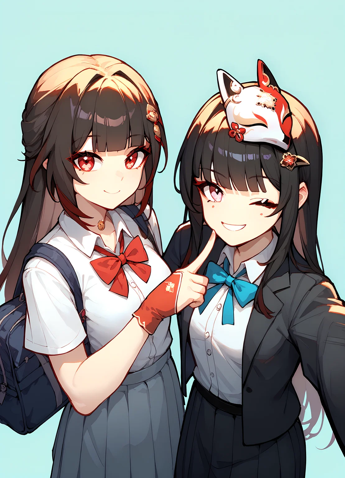 (score_9, score_8_up, score_7_up), 2girls, cowboy shot, selfie, simple background ADDCOMM
1girl, lingsha, hair ornament, red limbs, school uniform, short sleeves, black pantyhose, holding school bag, smile, closed mouth, <lora:lingsha-strPO-v2b:0.8> BREAK
1girl, sparklehsr, mask on head, hairclip, open jacket, finger to mouth, smile, one eye closed, <lora:sparkle-strPO-v1:0.8>