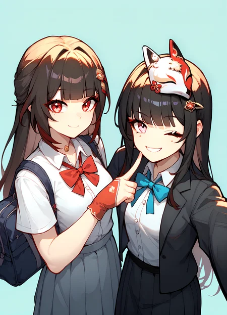 (score_9, score_8_up, score_7_up), 2girls, cowboy shot, selfie, simple background ADDCOMM
1girl, lingsha, hair ornament, red limbs, school uniform, short sleeves, black pantyhose, holding school bag, smile, closed mouth, <lora:lingsha-strPO-v2b:0.8> BREAK
1girl, sparklehsr, mask on head, hairclip, open jacket, finger to mouth, smile, one eye closed, <lora:sparkle-strPO-v1:0.8>